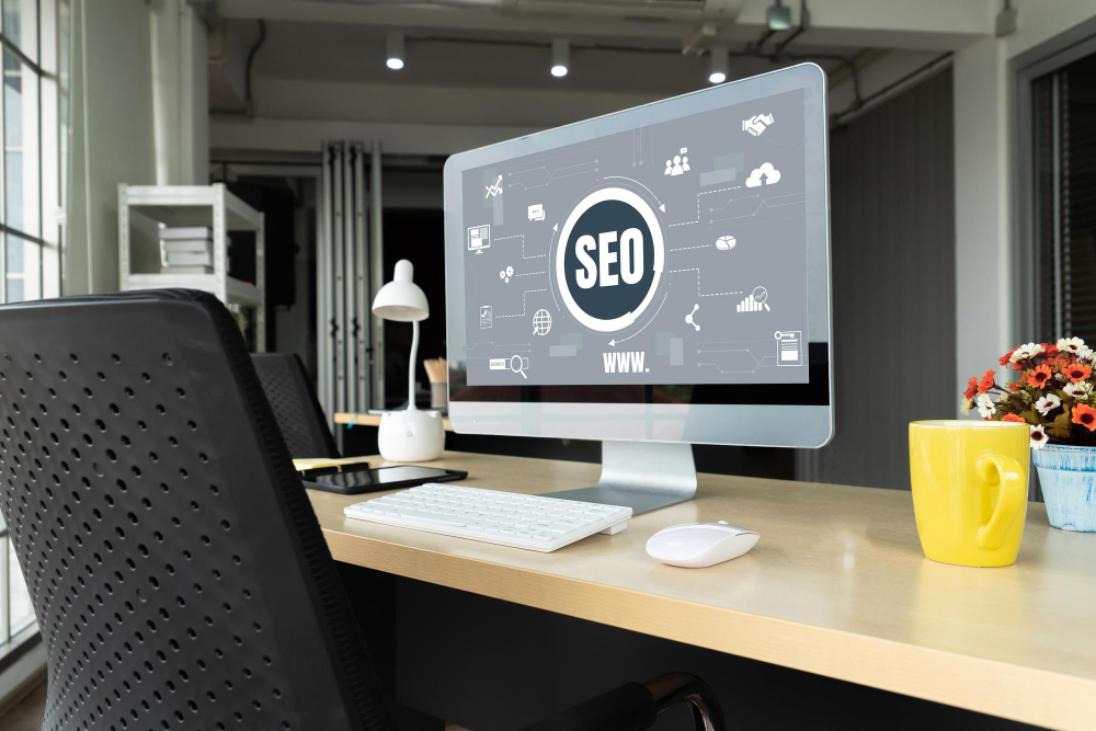 SEO optimization setup on a modern office desk with a computer displaying 'SEO' graphics.
